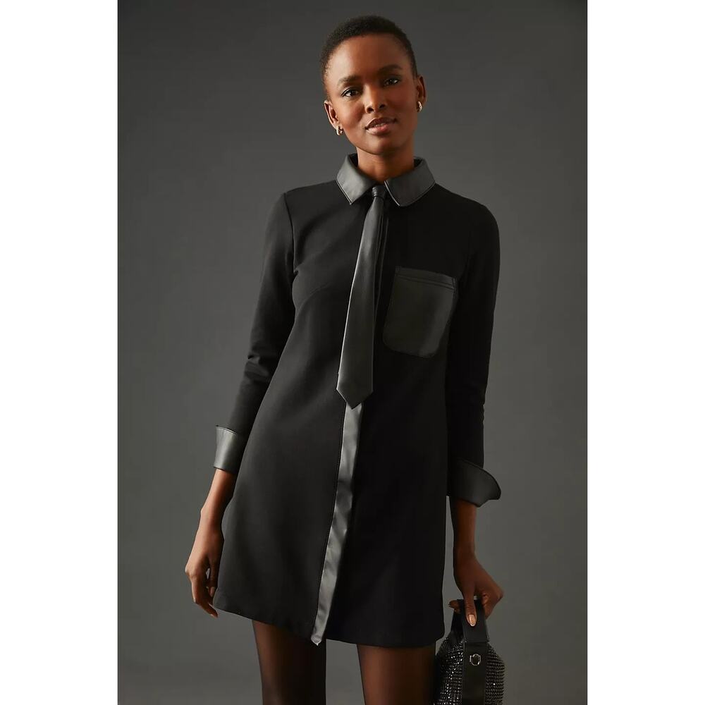 New Anthropologie Maeve Faux Leather Neck Tie Shirt Dress $160  X-SMALL
